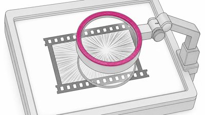 Line drawing of a film strip on a light table under a magnifying loupe with a magenta rim