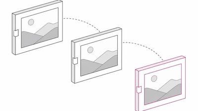 Line drawing of three framed slides linked by dashed arcs, the last one outlined in magenta