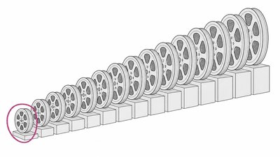 Line drawing of thirteen film reels on a rising row of plinths, the smallest circled in magenta