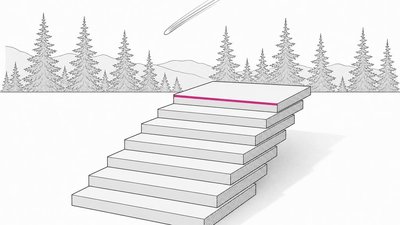 Line drawing of seven steps rising toward a line of pine trees, the top step edged in magenta