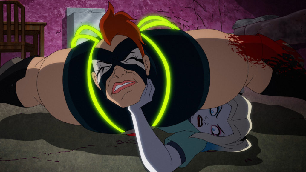 Prisoner Harley battles her cell Venom-powered guard, Cheryl.