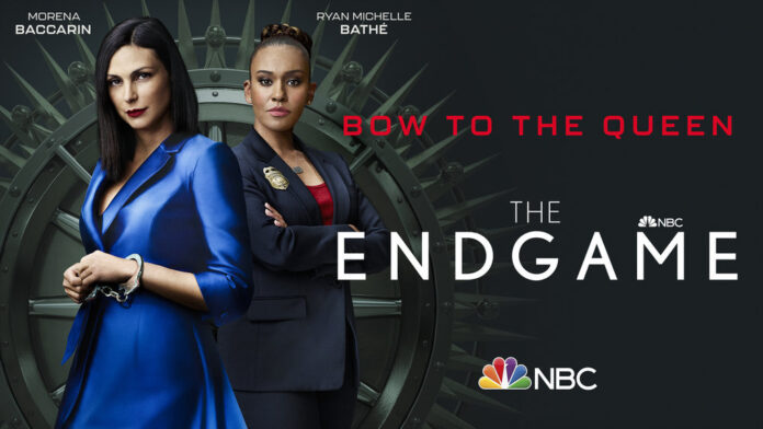 Morenna Baccarin in a blue dress in NBC's The Endgame