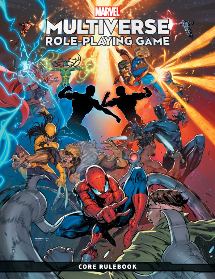 Comic-styled art cover of Marvel Multiverse Role-Playing Game featuring Spider-man in the foregrand and a group of Marvel heroes in combat in the backdrop