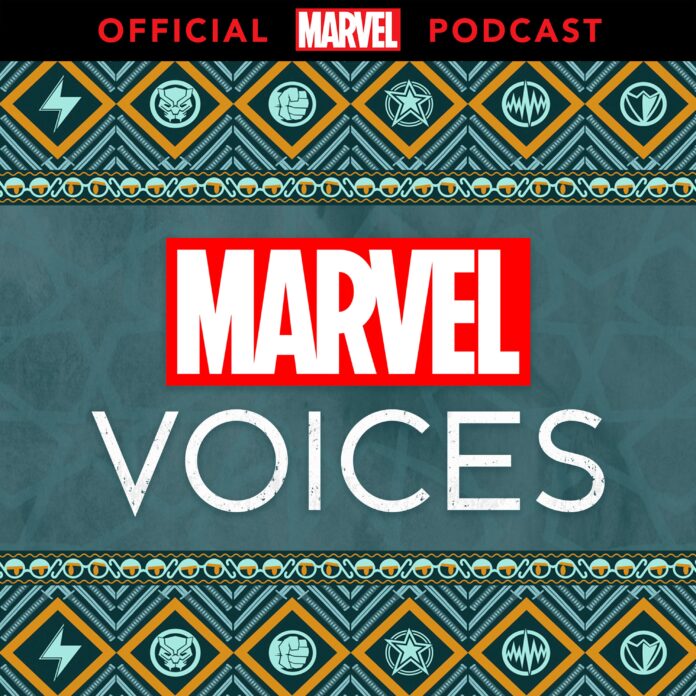 An image in teal with the Marvel's Voices Podcast Logo