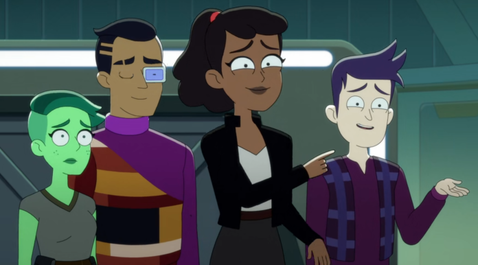 Tendi, a green alien woman, Rutherford, a dark-skinned man with a cybernetic eye, Mariner, a Black woman with a ponytail, and Boimler, a white man with purple hair