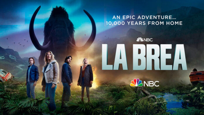 promotional image of La Brea with the cast in the foreground and a large woolly mammoth in the backdrop