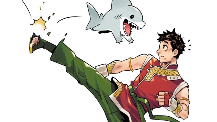 jeff the shark jumps on shang chi for a hug