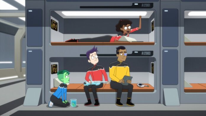 Star Trek Lower Deck Room for Growth reviewTendi, Boimler, Rutherford, and an annoyed-looking Mariner by their hallway bunks