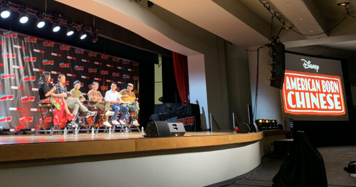 American Born Chinese panel at NYCC 2022 featuring actors Ben Wang and Daniel Wu, executive producers Kelvin Yu and Destin Daniel Cretton, and graphic novelist Gene Luen Yang, moderated by Juju Chang