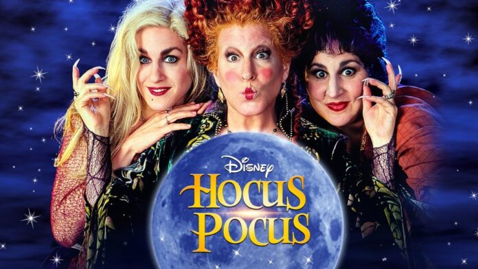 poster of Disney's Hocus Pocus with Sarah Jessica Parker, Bette Midler, and Kathy Najimy as witches behind a crystal ball