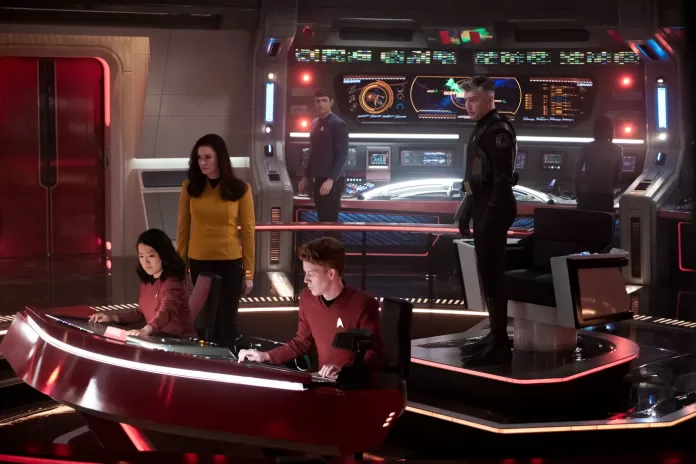 the bridge o the enterprise with the crew at their stations